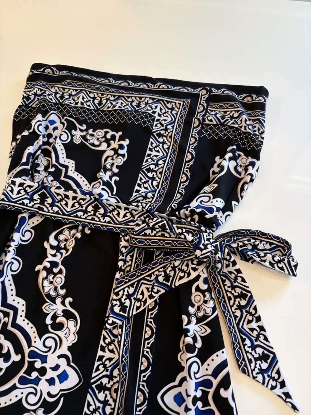 White House Black Market Strapless Black, White & Blue Printed Tie-Waist Dress - Picture 2 of 10
